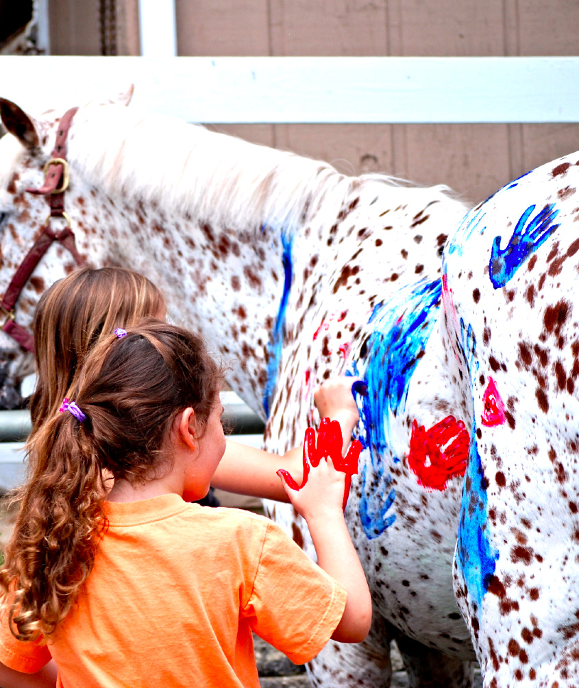 Two girls painting a horse.