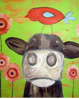 A painting of a cow with a bird on its head.