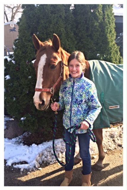 A young girl standing beside a horse in the snow.