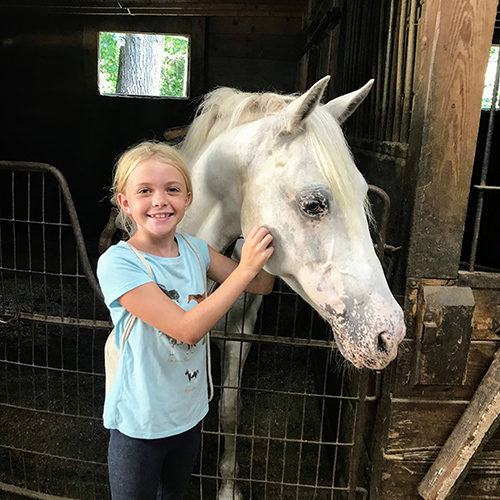 Young Girl Next to Grey Horse